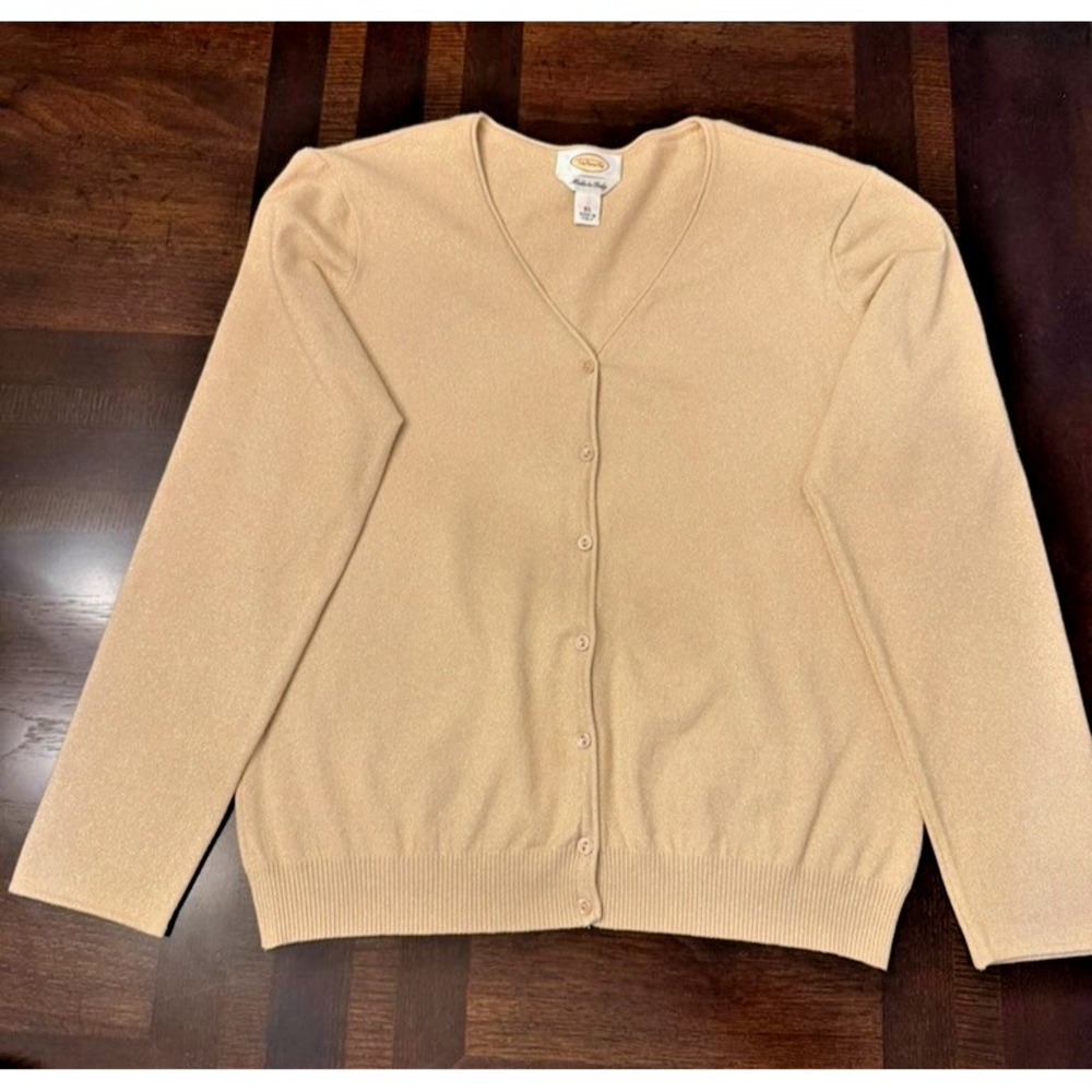 Talbots Made in Italy XL Gold Shimmer Wool Cardigan Holiday Metallic Sweater NYE - Picture 10 of 10